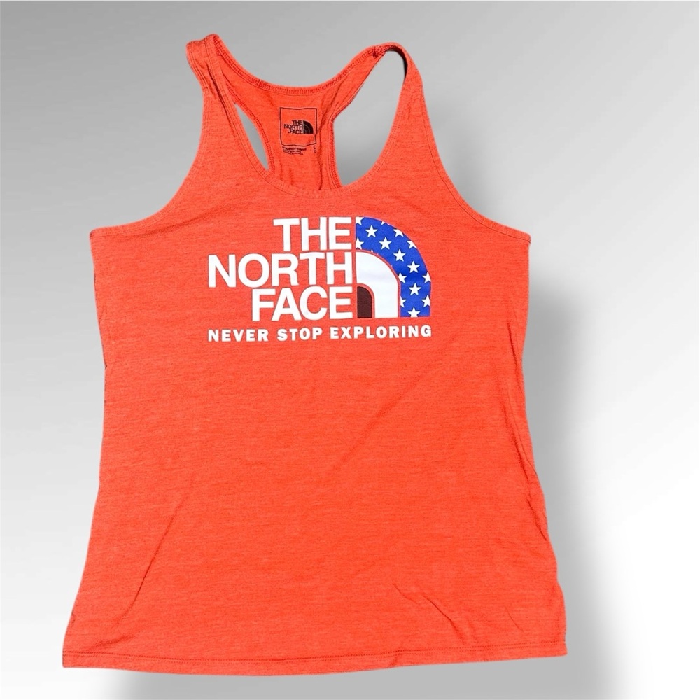 The North Face Orange Fitted Graphic Tank Top Women Logo L Racerback Activewear